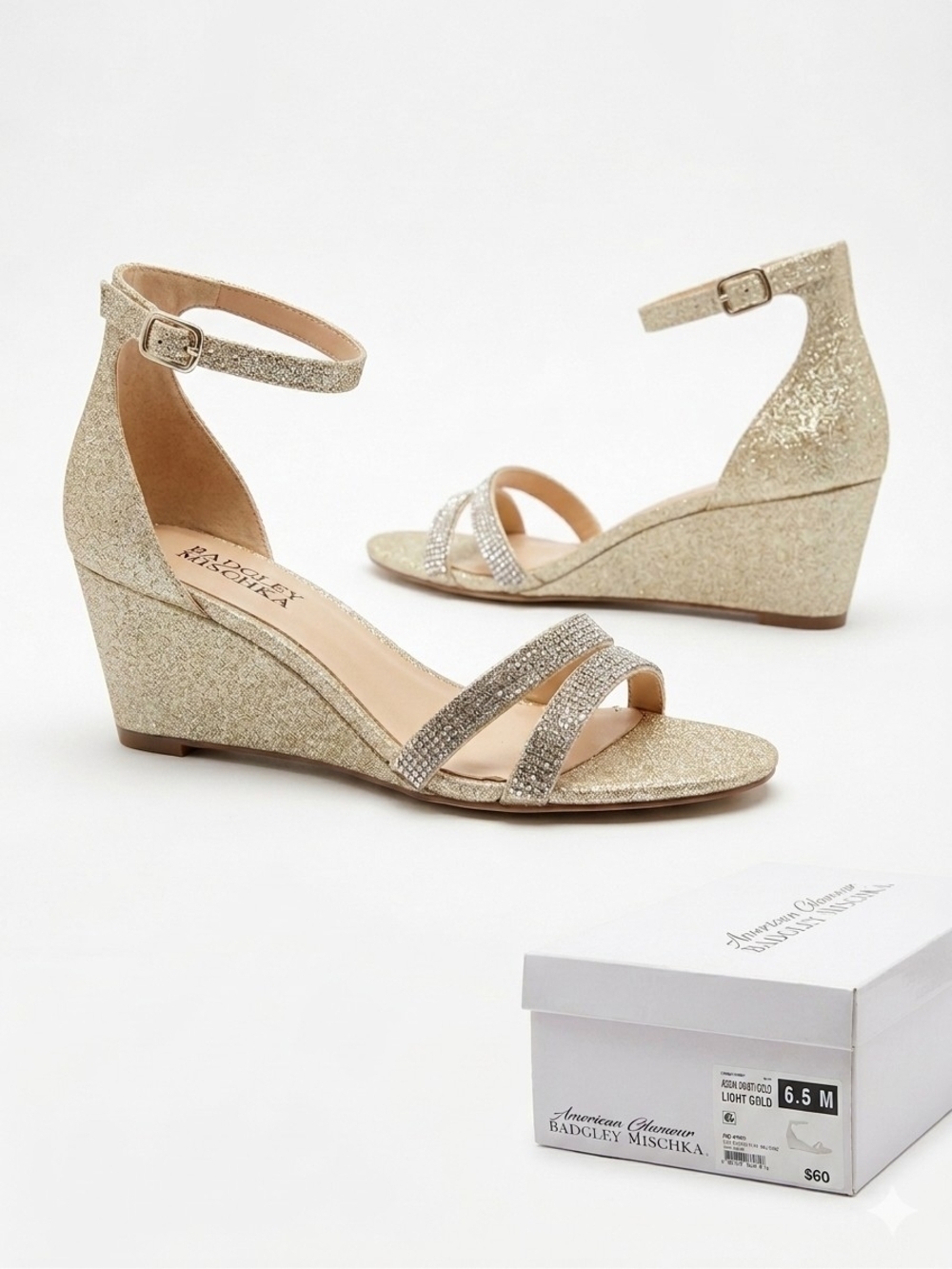 New In Box Badgley Mischka Gold Wedge Sandals Size 6.5 - Sparkly Wedding
